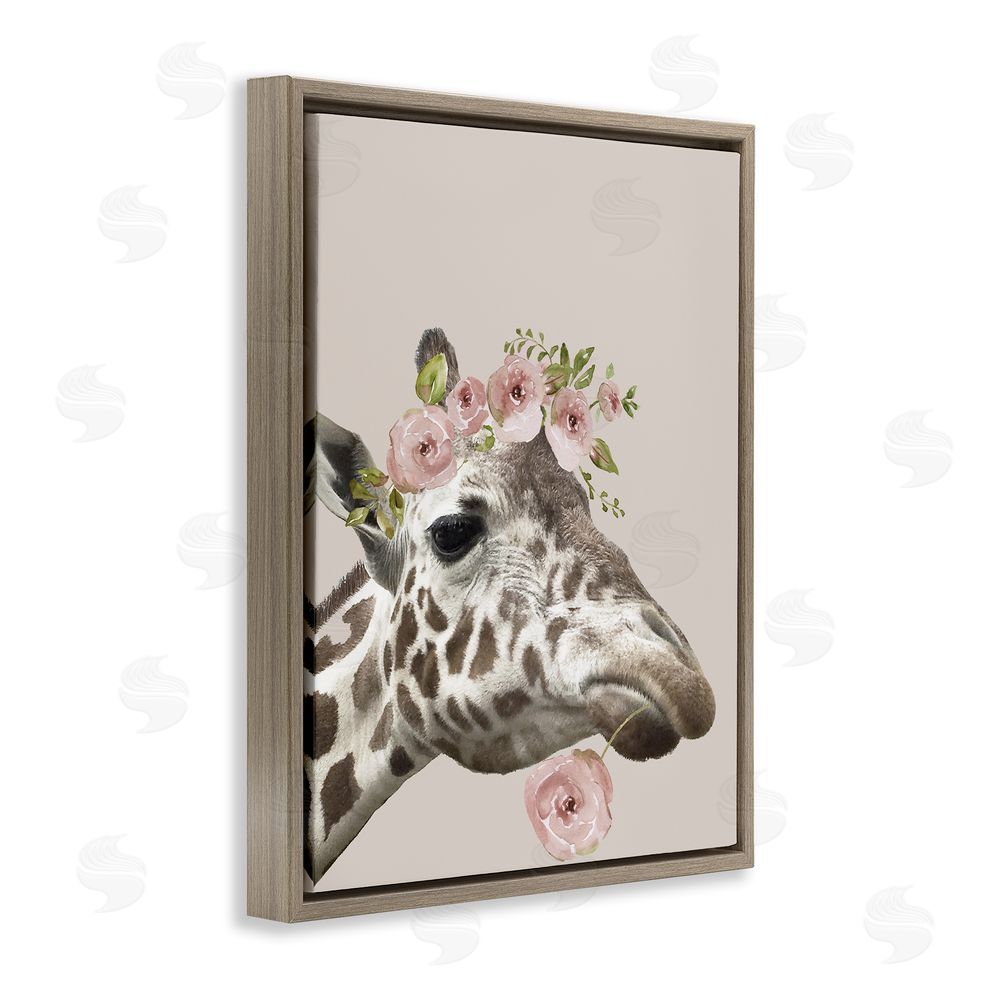 Nan Giraffe with Rose Crown Brown Floating Frame Canvas Wall Art Print