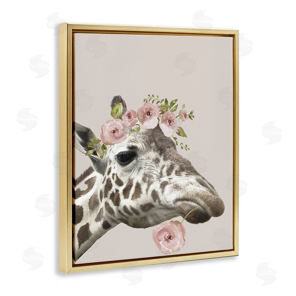 Nan Giraffe with Rose Crown Gold Floating Frame Canvas Wall Art Print