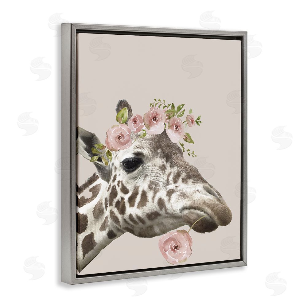 Nan Giraffe with Rose Crown Grey Floating Frame Canvas Wall Art Print