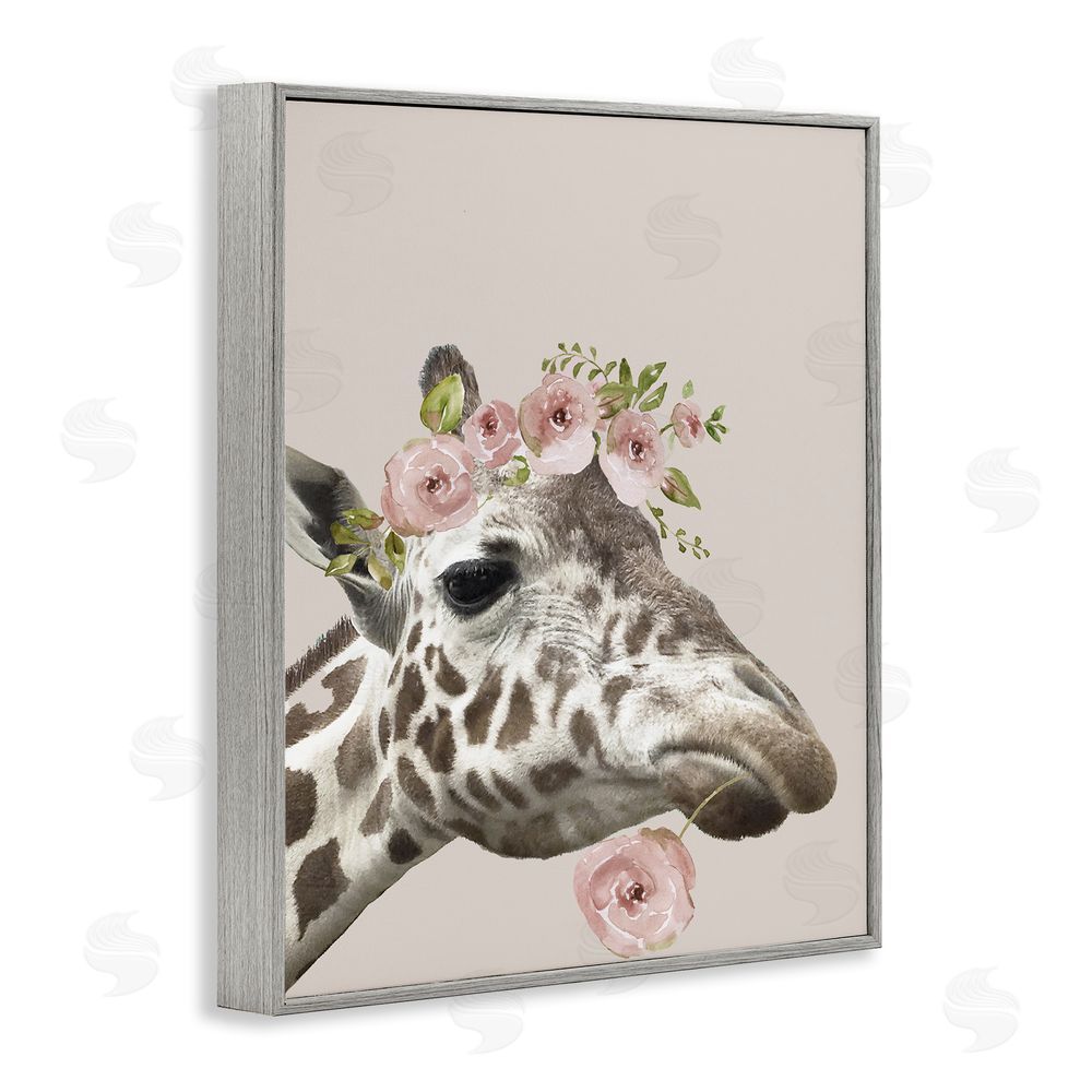 Nan Giraffe with Rose Crown Gray Framed Giclee Wall Art Print