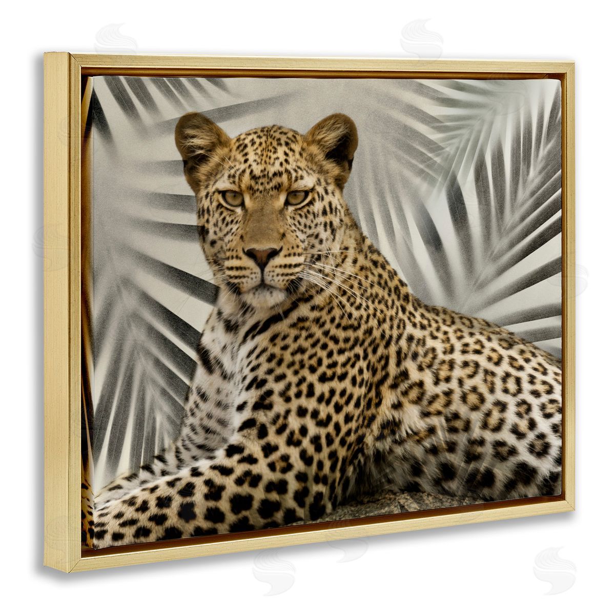 Leopard with Palm Fronds Gold Floating Frame Canvas Wall Art, Home Decor by Danita Delimont