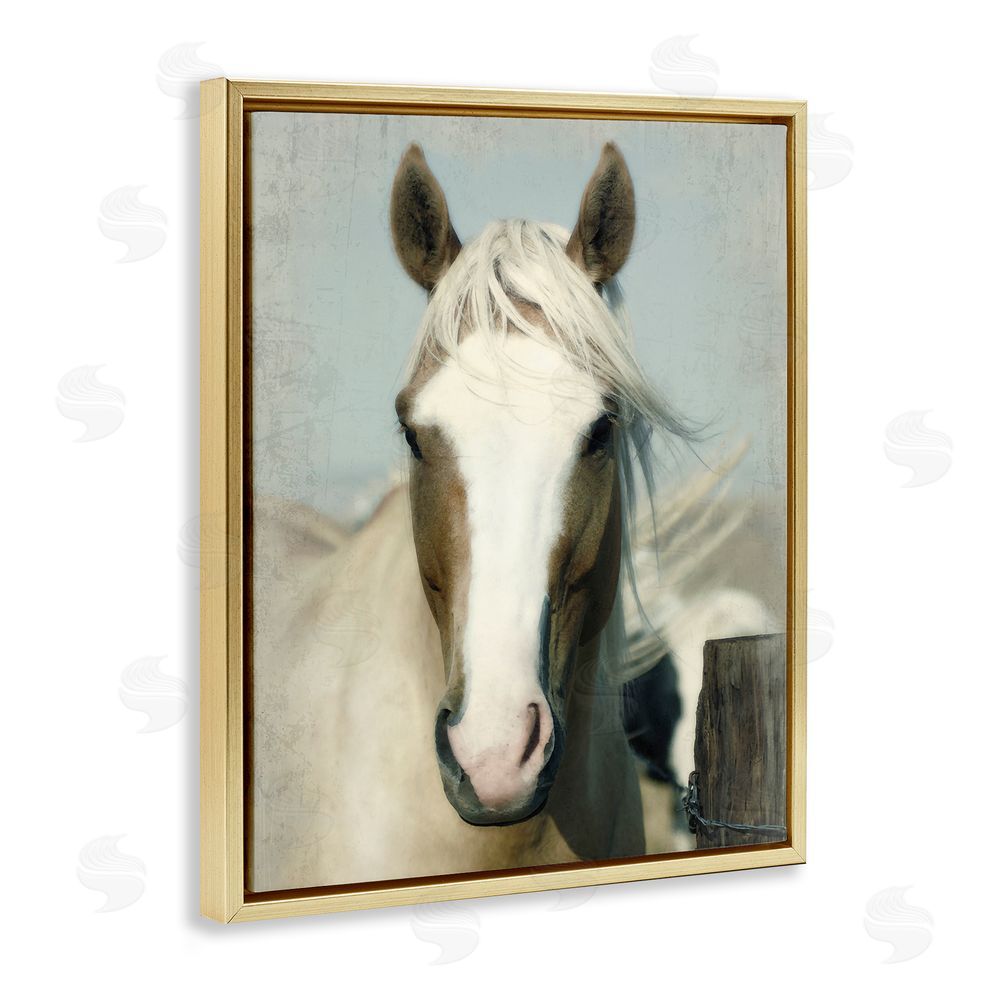 Rhonda Addison Horse at Rustic Fence Gold Floating Frame Canvas Wall Art Print