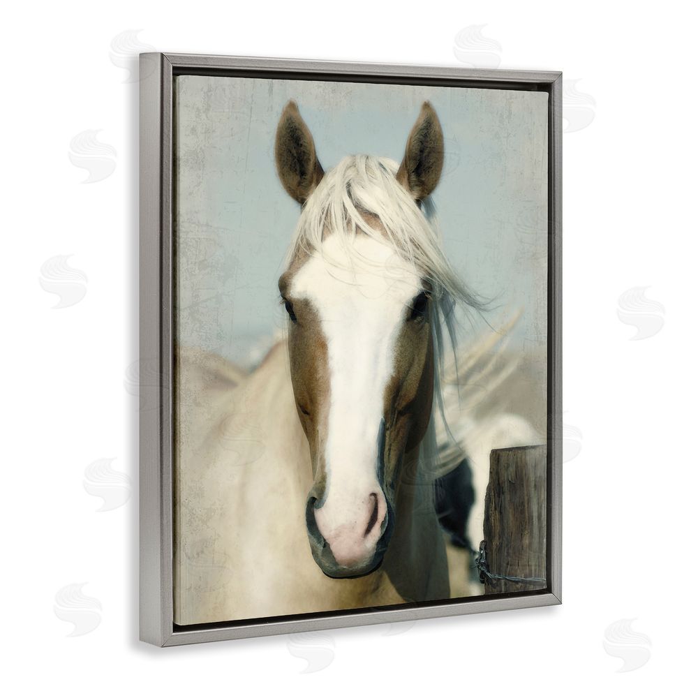 Rhonda Addison Horse at Rustic Fence Grey Floating Frame Canvas Wall Art Print