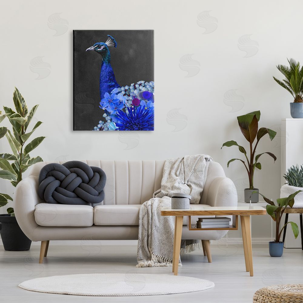 Alicia Longley Vibrant Blue Floral Peacock Canvas Wall Art Print in Room