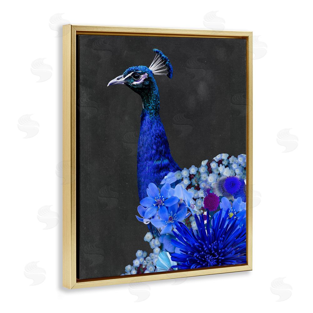 Alicia Longley Vibrant Blue Floral Peacock Gold Floating Frame Canvas Wall Art Print