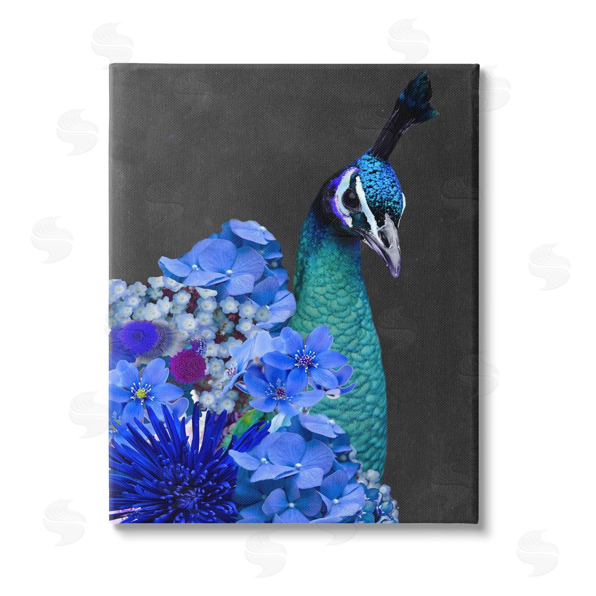 Alicia Longley Peacock with Blue Flowers Stretched Canvas Wall Art Print