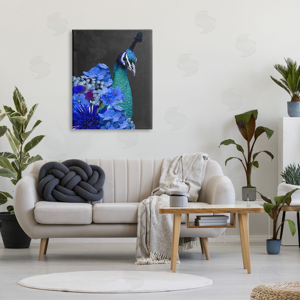 Alicia Longley Peacock with Blue Flowers Canvas Wall Art Print in Room