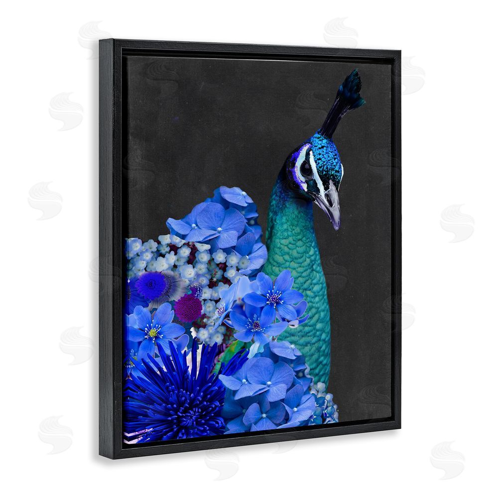 Alicia Longley Peacock with Blue Flowers Black Floating Frame Canvas Wall Art Print