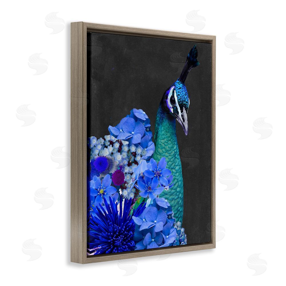 Alicia Longley Peacock with Blue Flowers Brown Floating Frame Canvas Wall Art Print