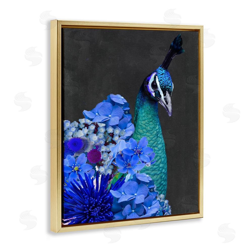Alicia Longley Peacock with Blue Flowers Gold Floating Frame Canvas Wall Art Print