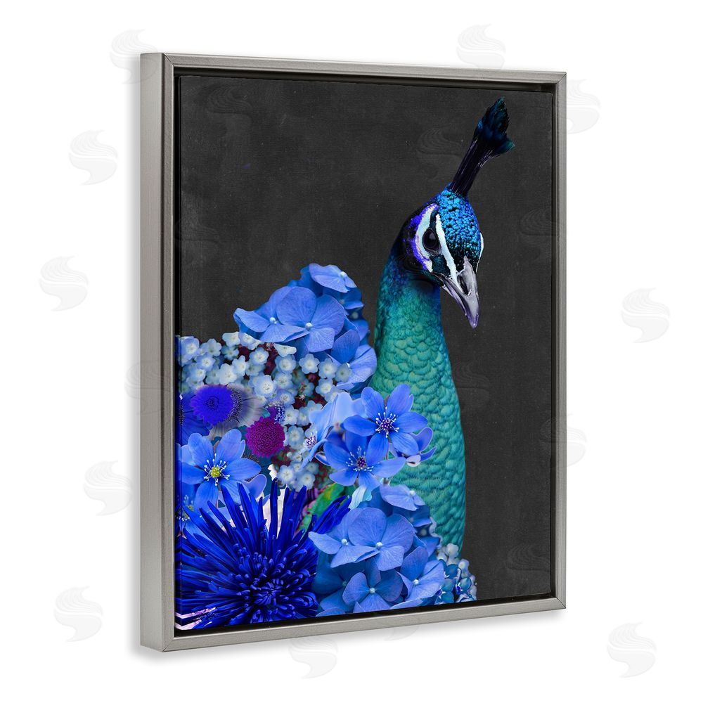 Alicia Longley Peacock with Blue Flowers Grey Floating Frame Canvas Wall Art Print