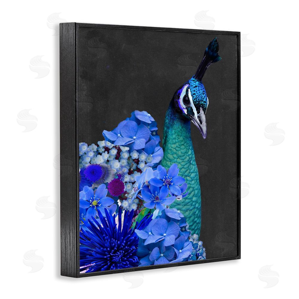 Alicia Longley Peacock with Blue Flowers Black Framed Giclee Wall Art Print