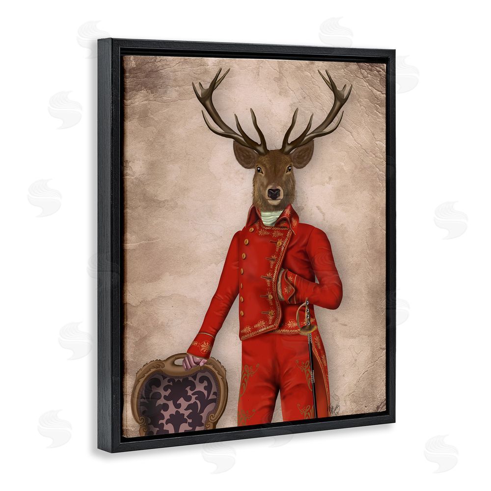 Fab Funky Fancy Elk in Red Suit Black Floating Frame Canvas Wall Art Print