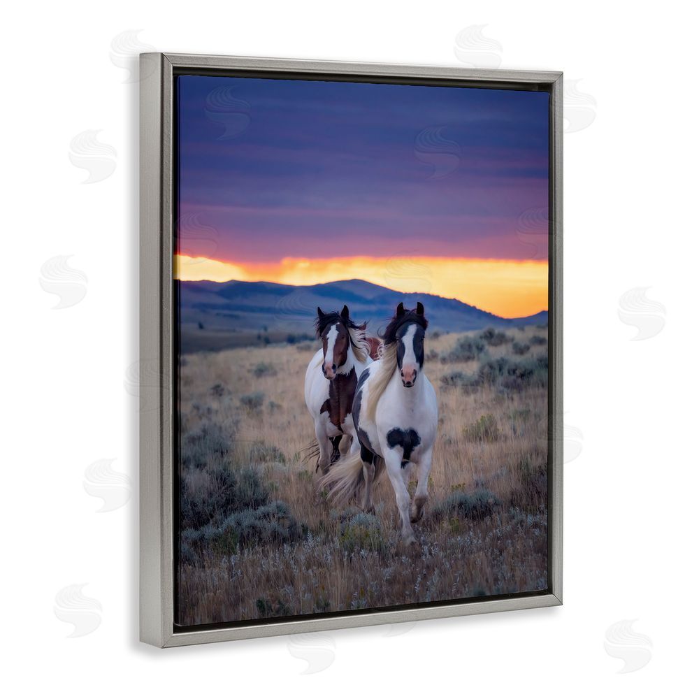 PH Burchett Spotted Horses at Sunrise Grey Floating Frame Canvas Wall Art Print