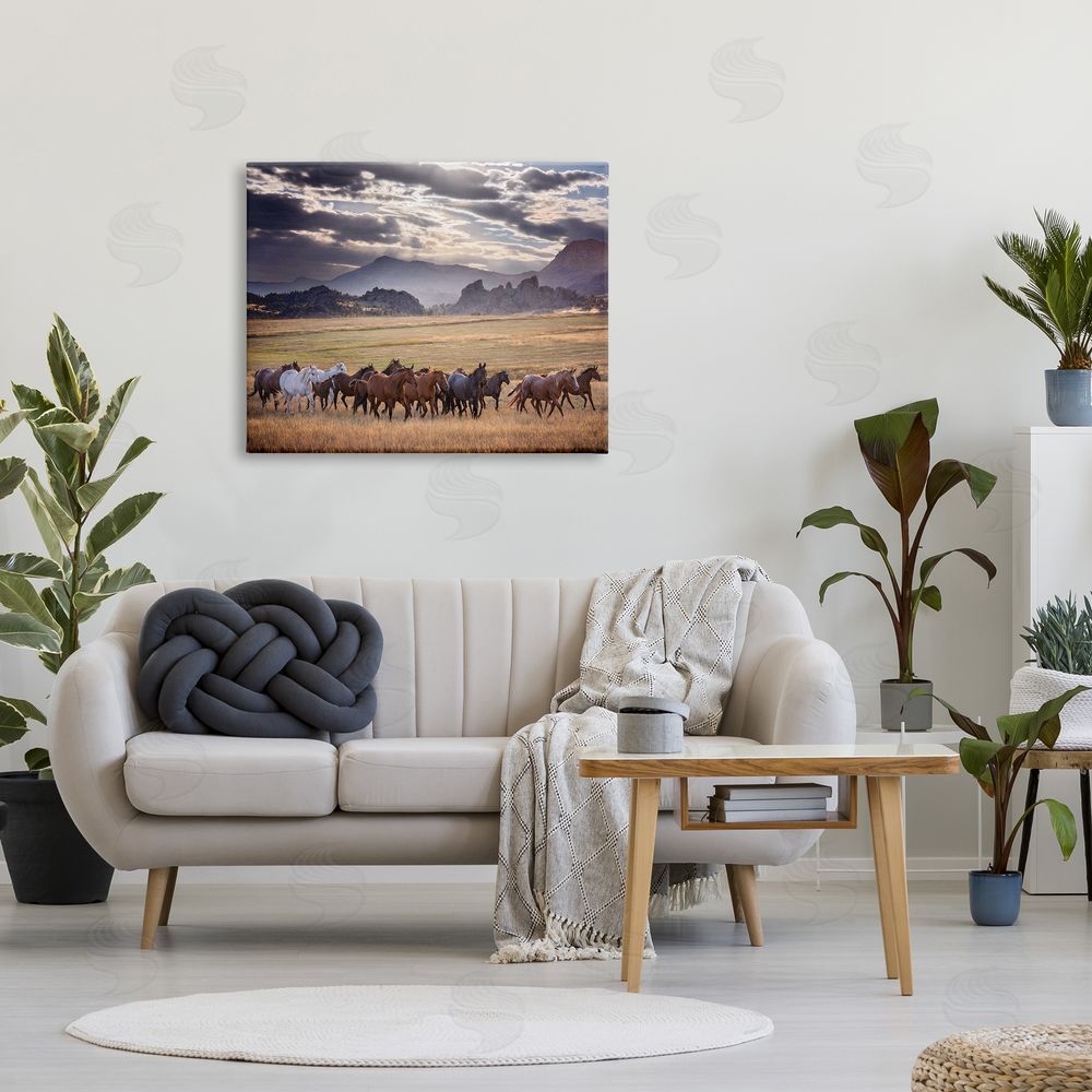 PH Burchett Galloping Horses Cloudy Mountains Canvas Wall Art Print in Room