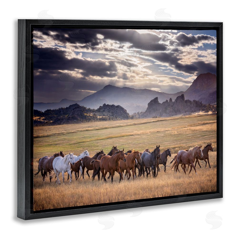 PH Burchett Galloping Horses Cloudy Mountains Black Floating Frame Canvas Wall Art Print