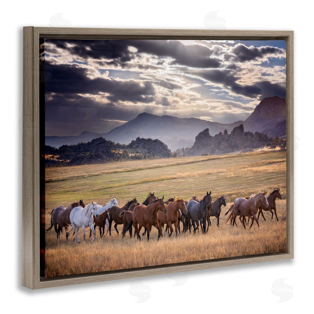 PH Burchett Galloping Horses Cloudy Mountains Brown Floating Frame Canvas Wall Art Print
