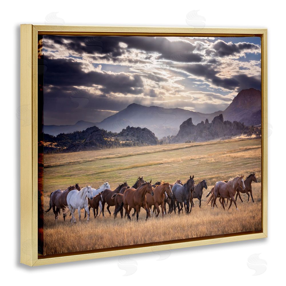 PH Burchett Galloping Horses Cloudy Mountains Gold Floating Frame Canvas Wall Art Print
