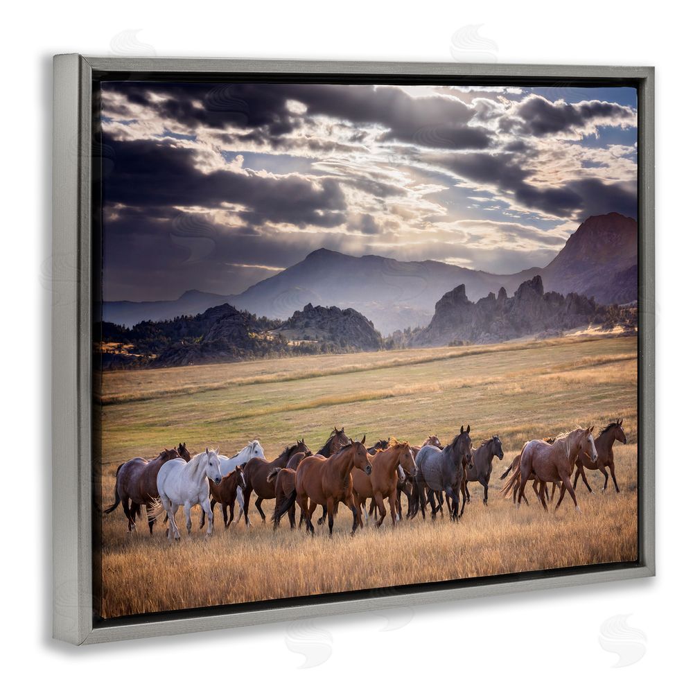 PH Burchett Galloping Horses Cloudy Mountains Grey Floating Frame Canvas Wall Art Print