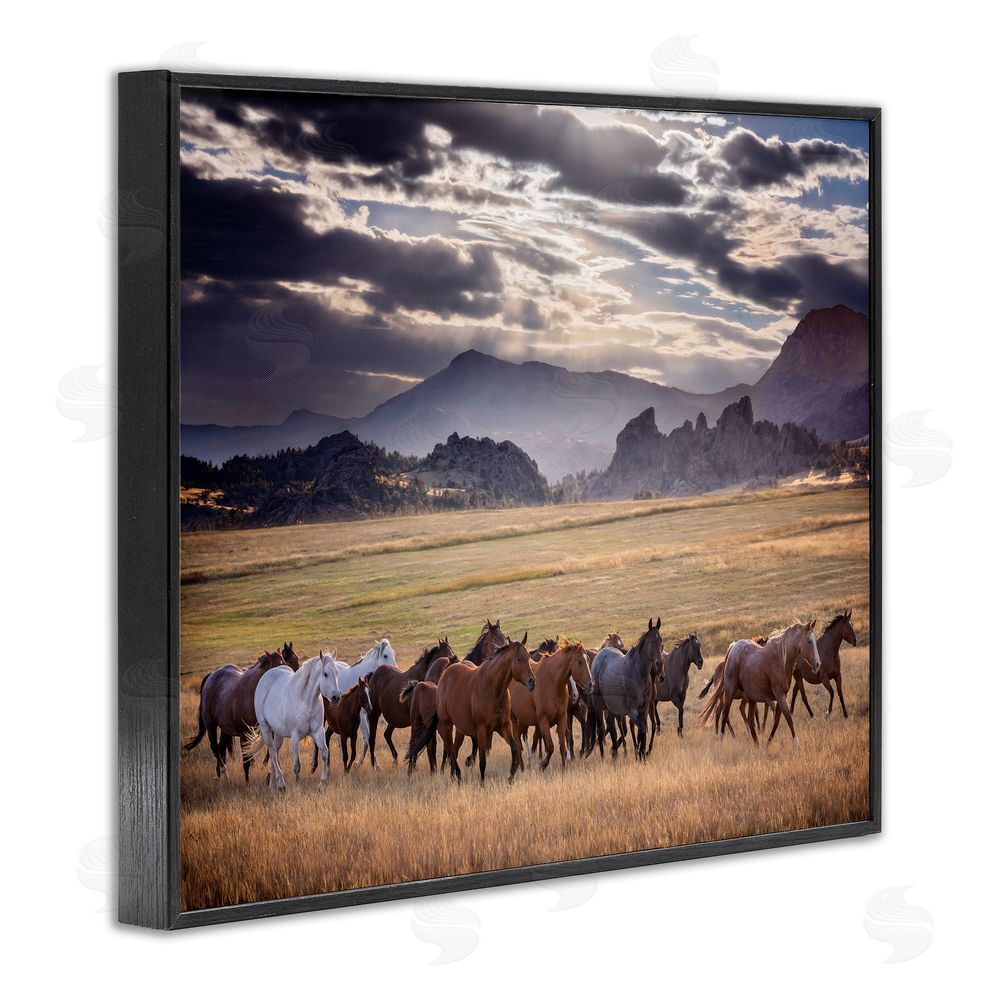 PH Burchett Galloping Horses Cloudy Mountains Black Framed Giclee Wall Art Print