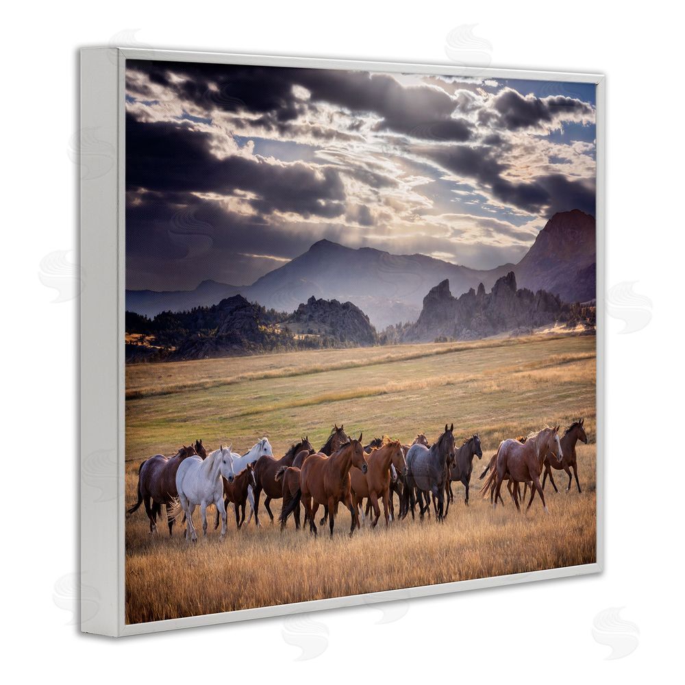 PH Burchett Galloping Horses Cloudy Mountains White Framed Giclee Wall Art Print