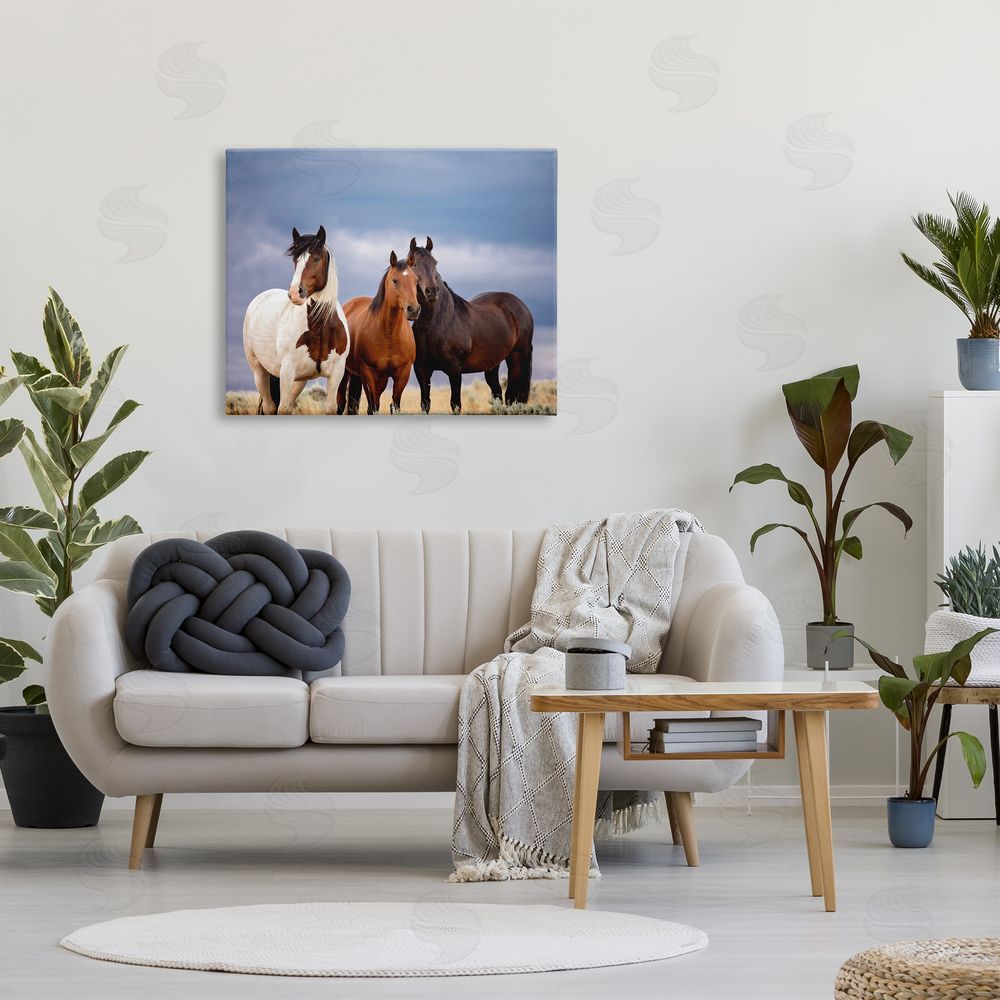 PH Burchett Horse Trio Under Clouds Canvas Wall Art Print in Room