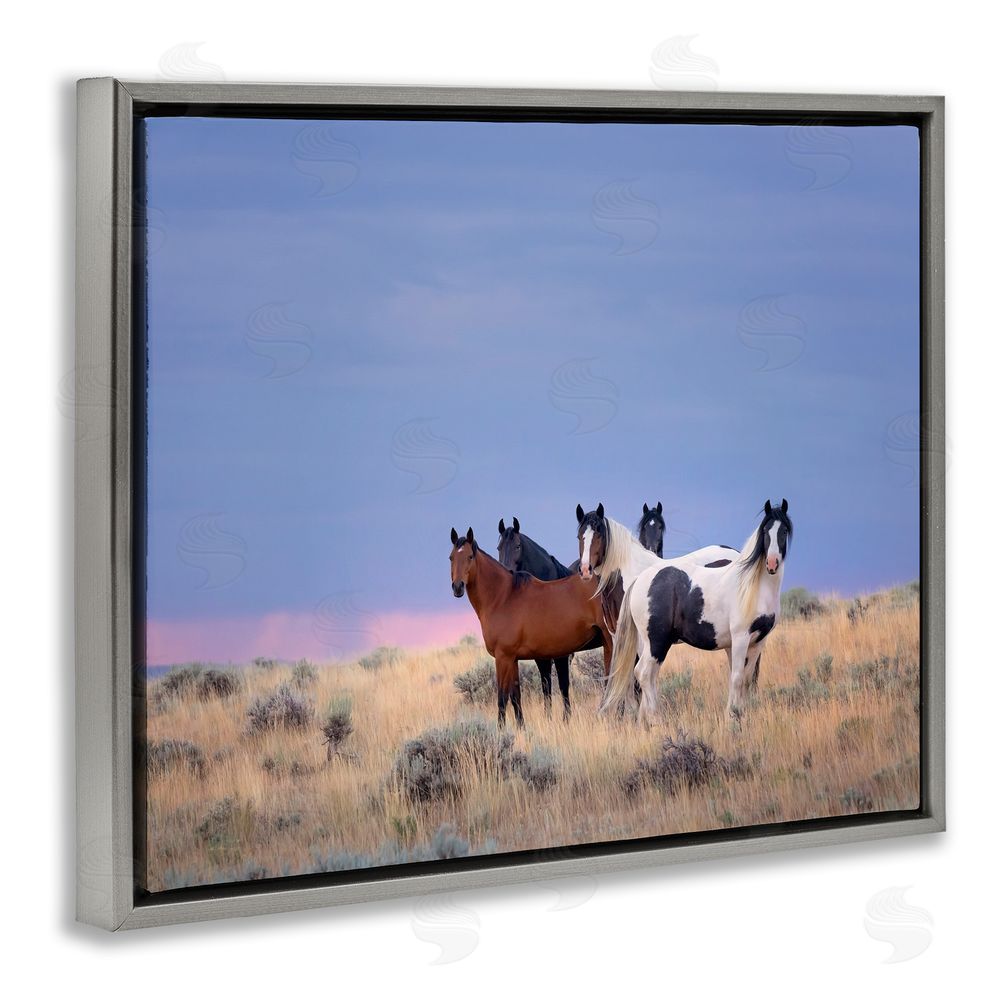 PH Burchett Country Horses in Meadow Grey Floating Frame Canvas Wall Art Print