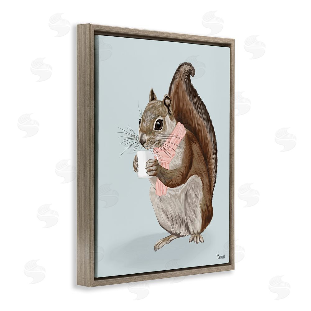 Tara Royle Squirrel with Warm Mug Brown Floating Frame Canvas Wall Art Print