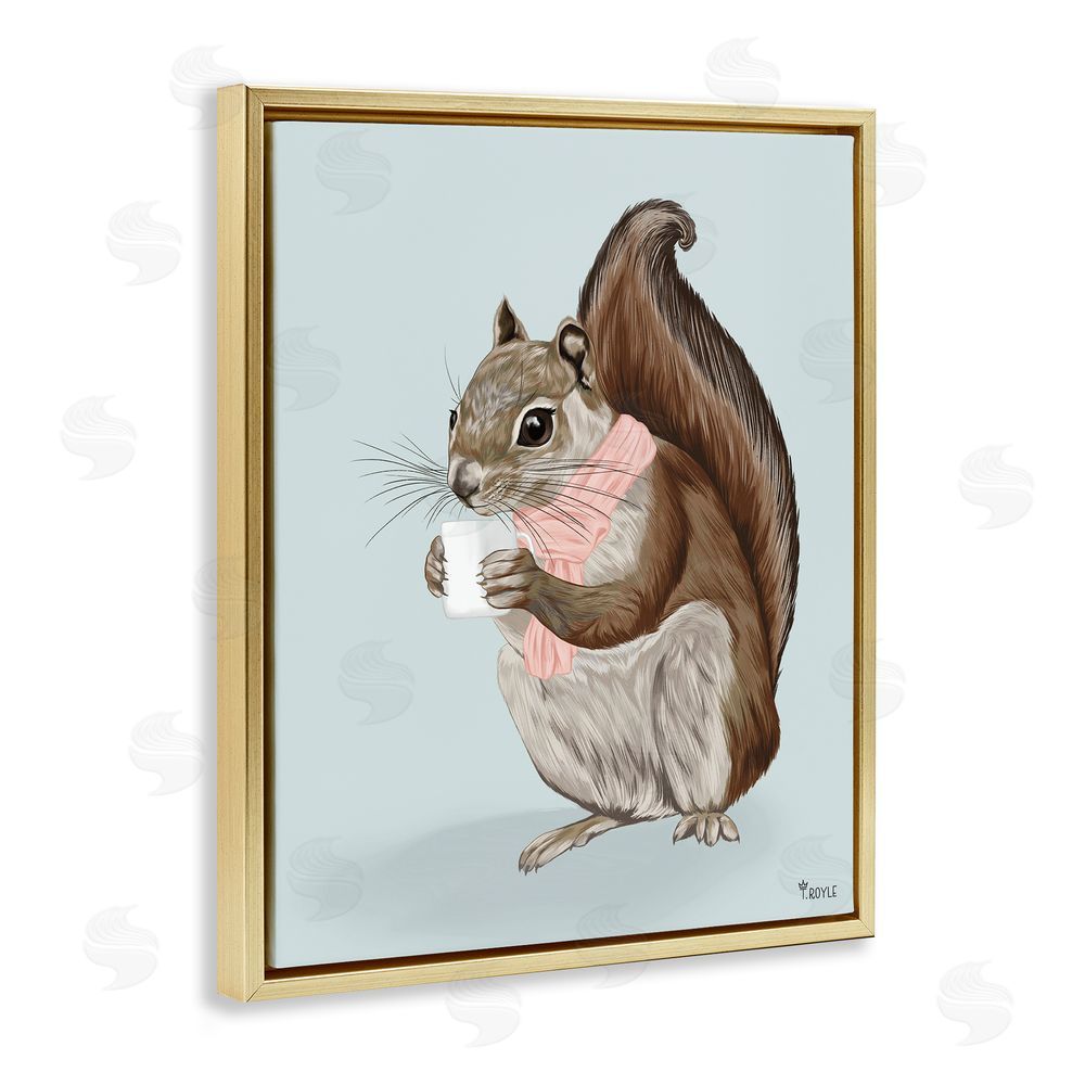 Tara Royle Squirrel with Warm Mug Gold Floating Frame Canvas Wall Art Print