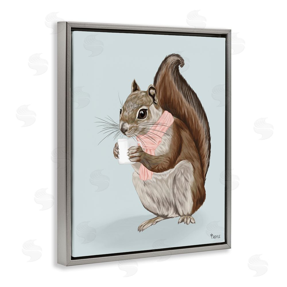 Tara Royle Squirrel with Warm Mug Grey Floating Frame Canvas Wall Art Print