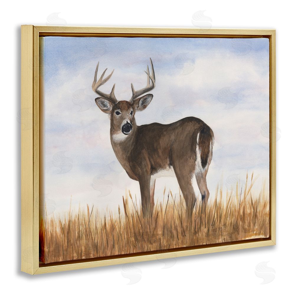 Michael Willett Deer in Country Grass Gold Floating Frame Canvas Wall Art Print