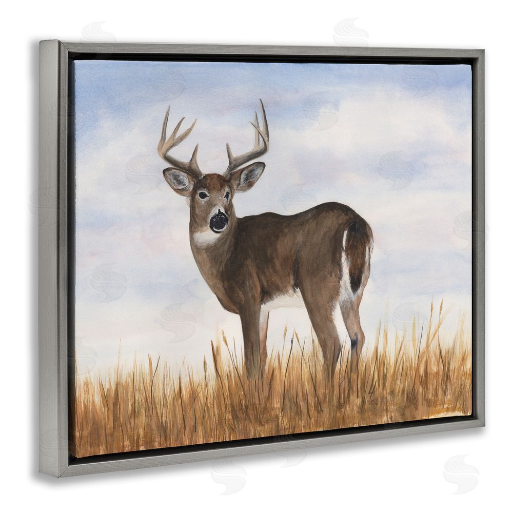 Michael Willett Deer in Country Grass Grey Floating Frame Canvas Wall Art Print