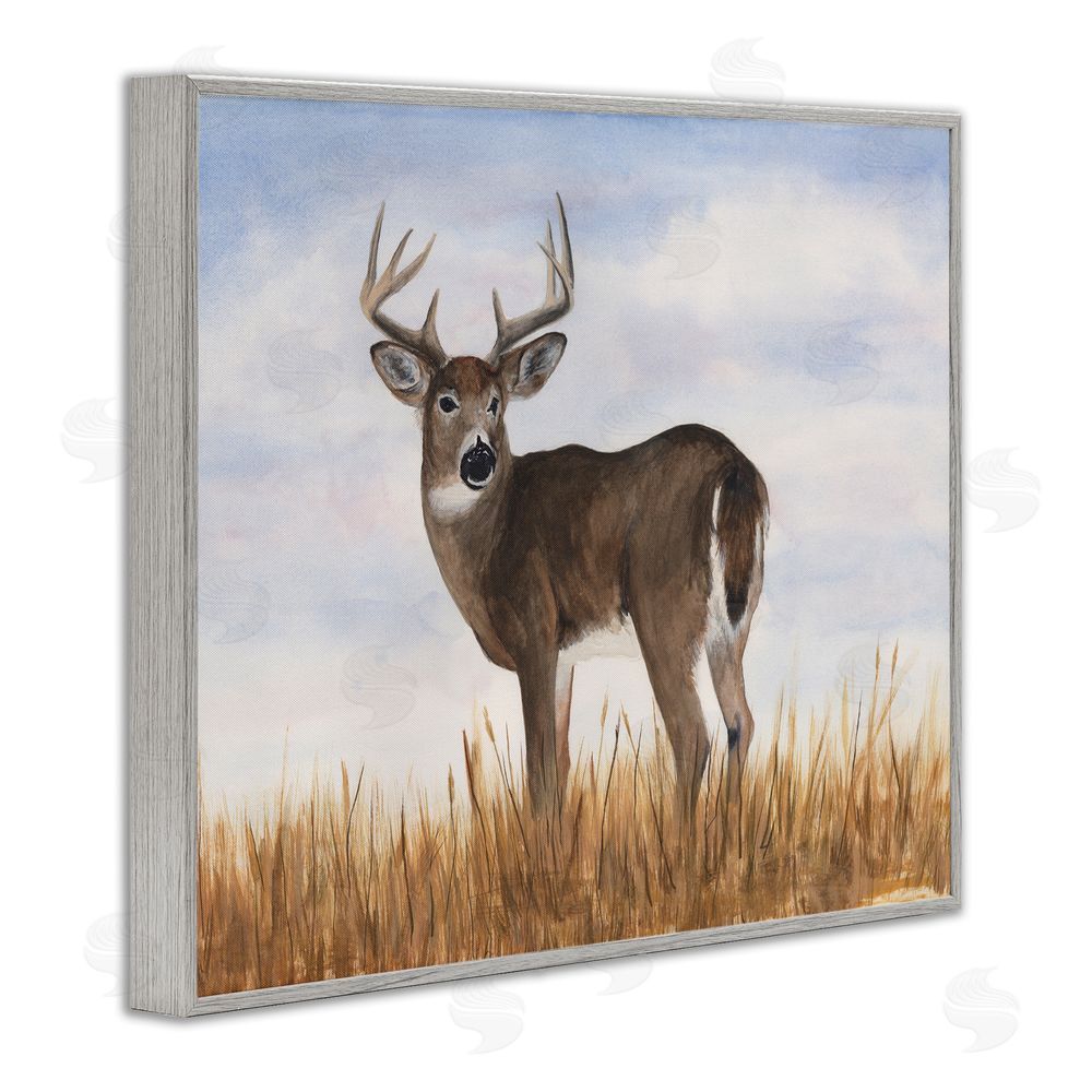 Michael Willett Deer in Country Grass Gray Framed Giclee Wall Art Print