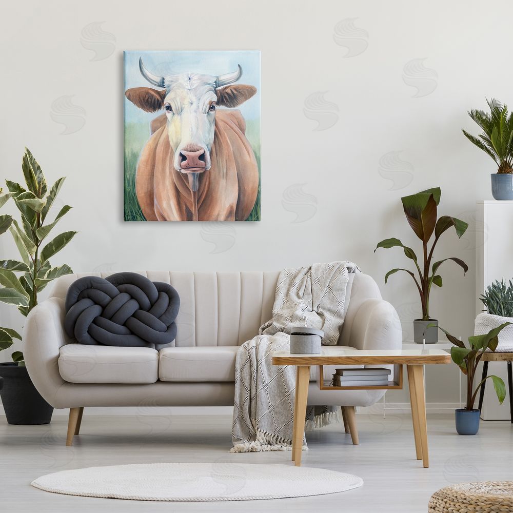 Grace Popp Brown Cow Gazing Portrait Canvas Wall Art Print in Room