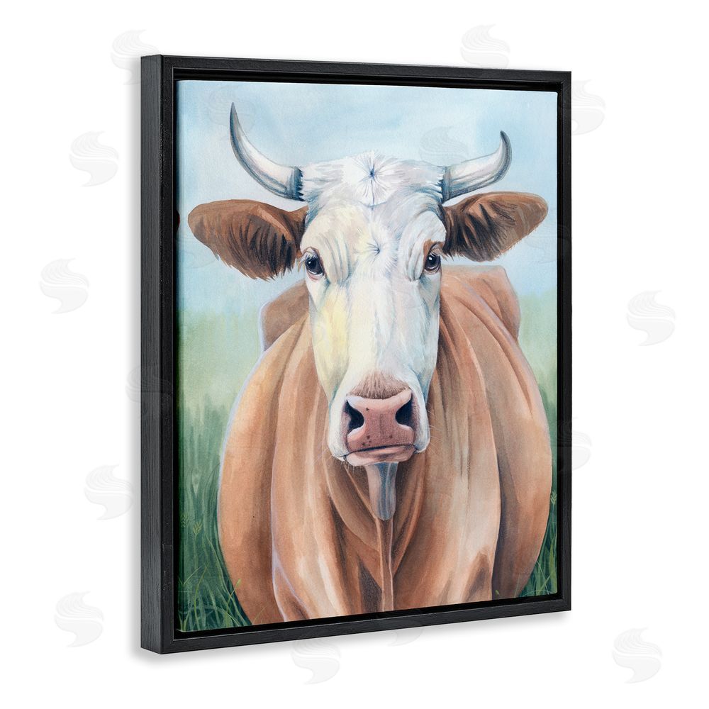 Grace Popp Brown Cow Gazing Portrait Black Floating Frame Canvas Wall Art Print