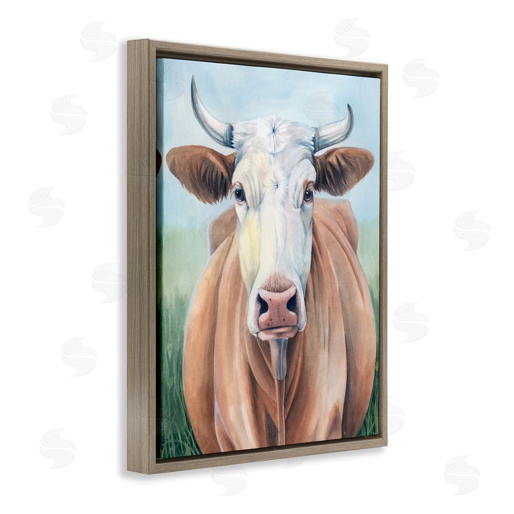 Grace Popp Brown Cow Gazing Portrait Brown Floating Frame Canvas Wall Art Print