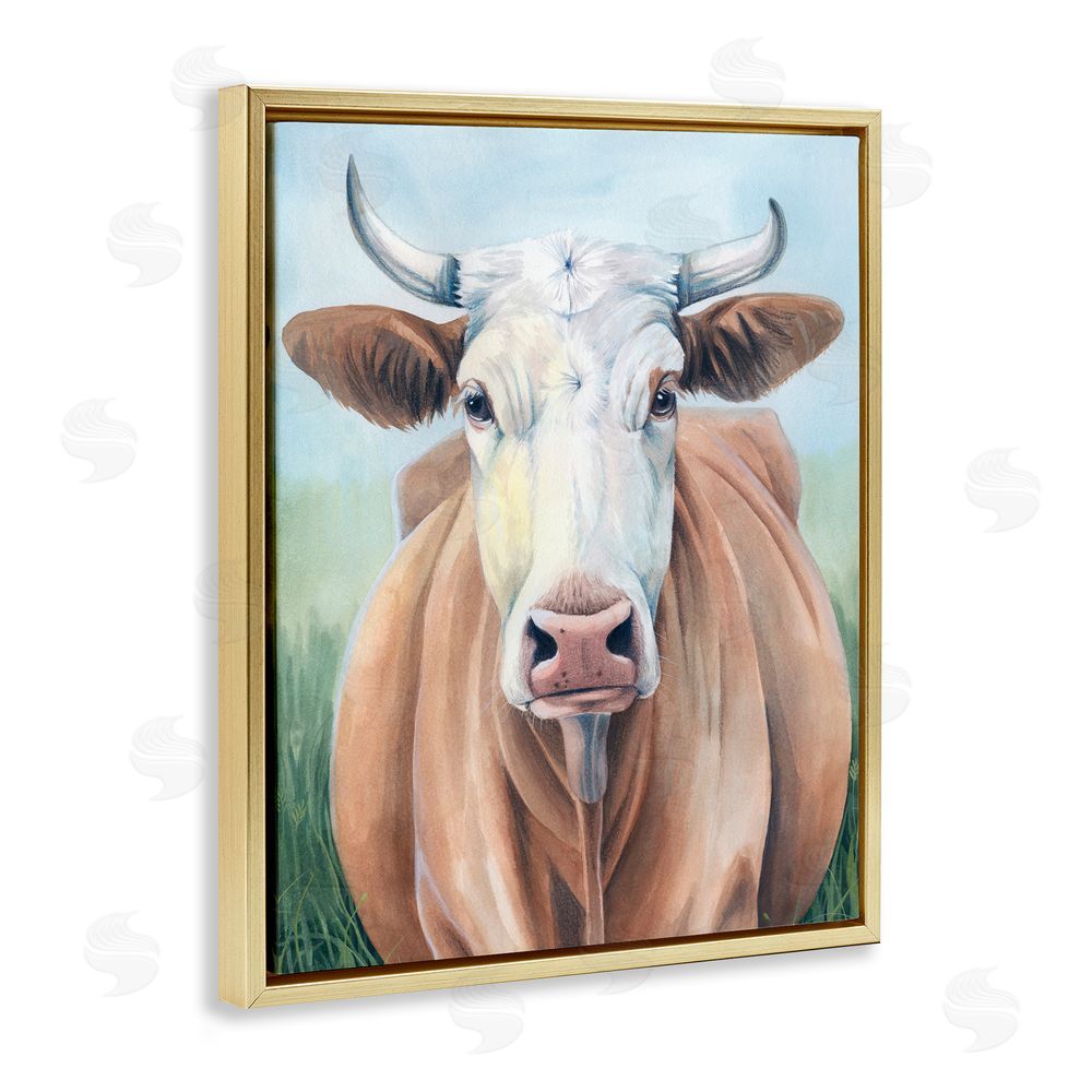 Grace Popp Brown Cow Gazing Portrait Gold Floating Frame Canvas Wall Art Print