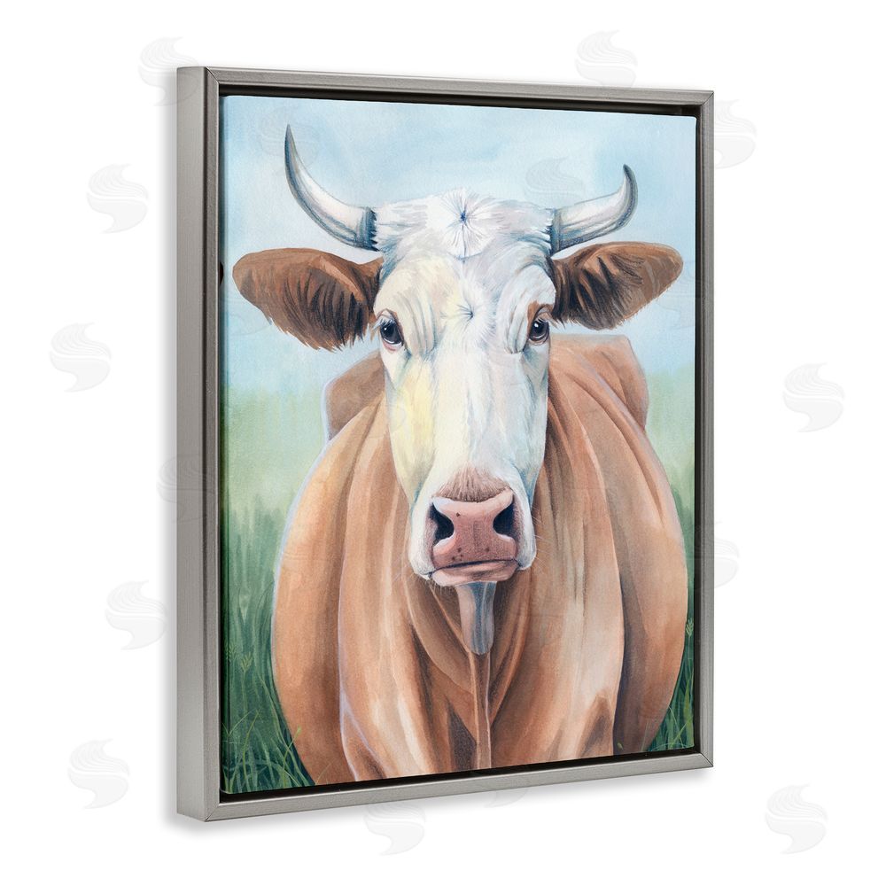 Grace Popp Brown Cow Gazing Portrait Grey Floating Frame Canvas Wall Art Print