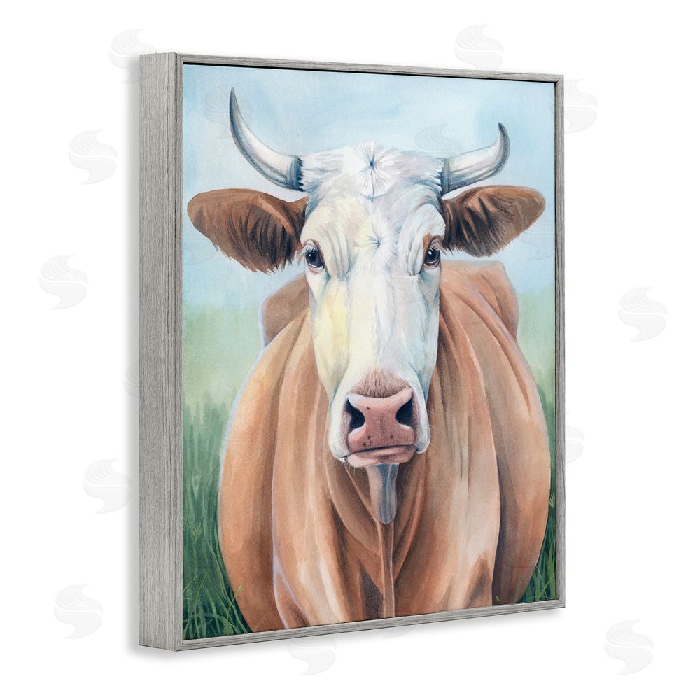 Grace Popp Brown Cow Gazing Portrait Gray Framed Giclee Wall Art Print