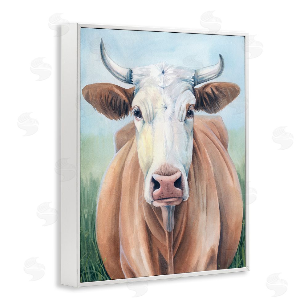 Grace Popp Brown Cow Gazing Portrait White Framed Giclee Wall Art Print