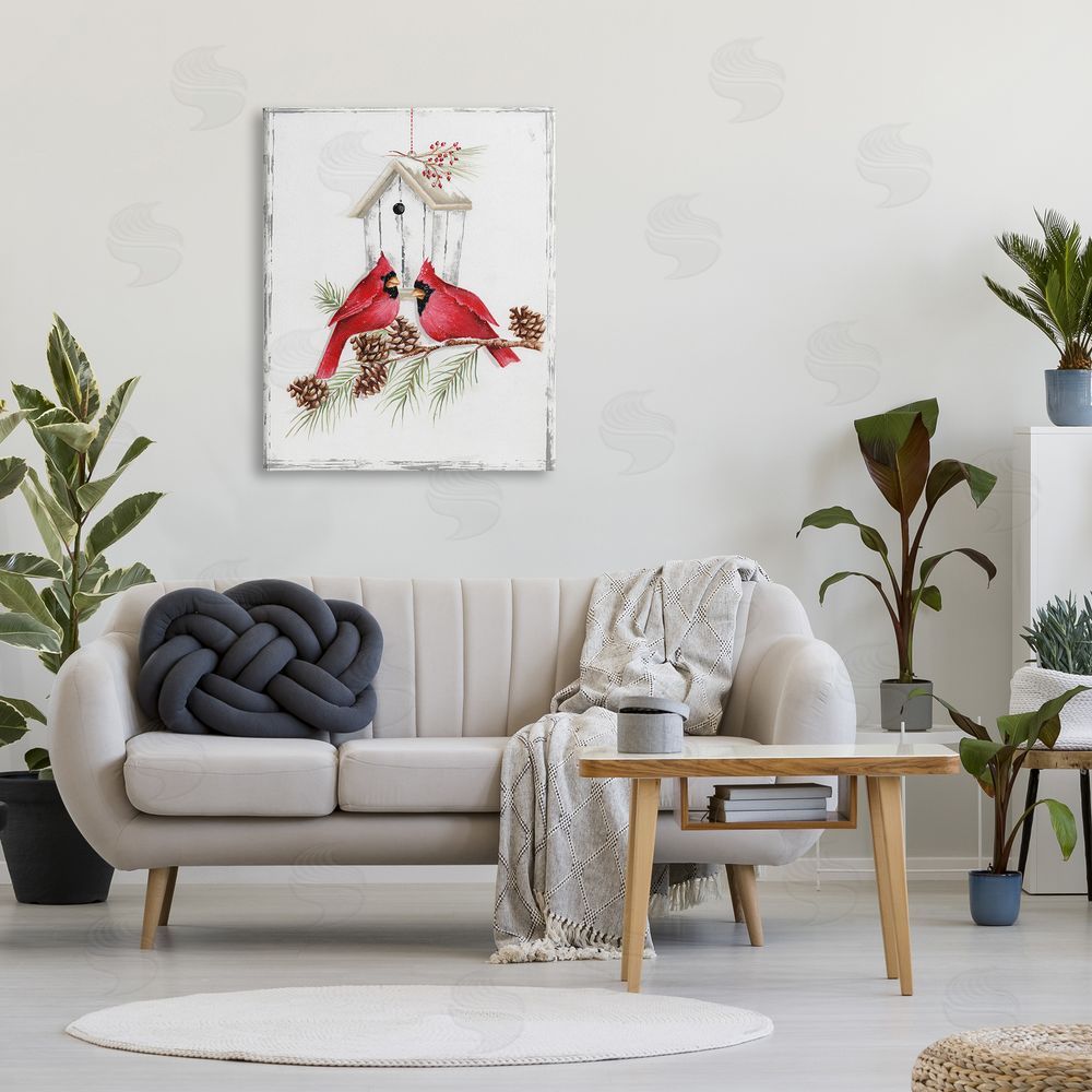 Emma Leach Cardinals & Snowy Birdhouse Canvas Wall Art Print in Room