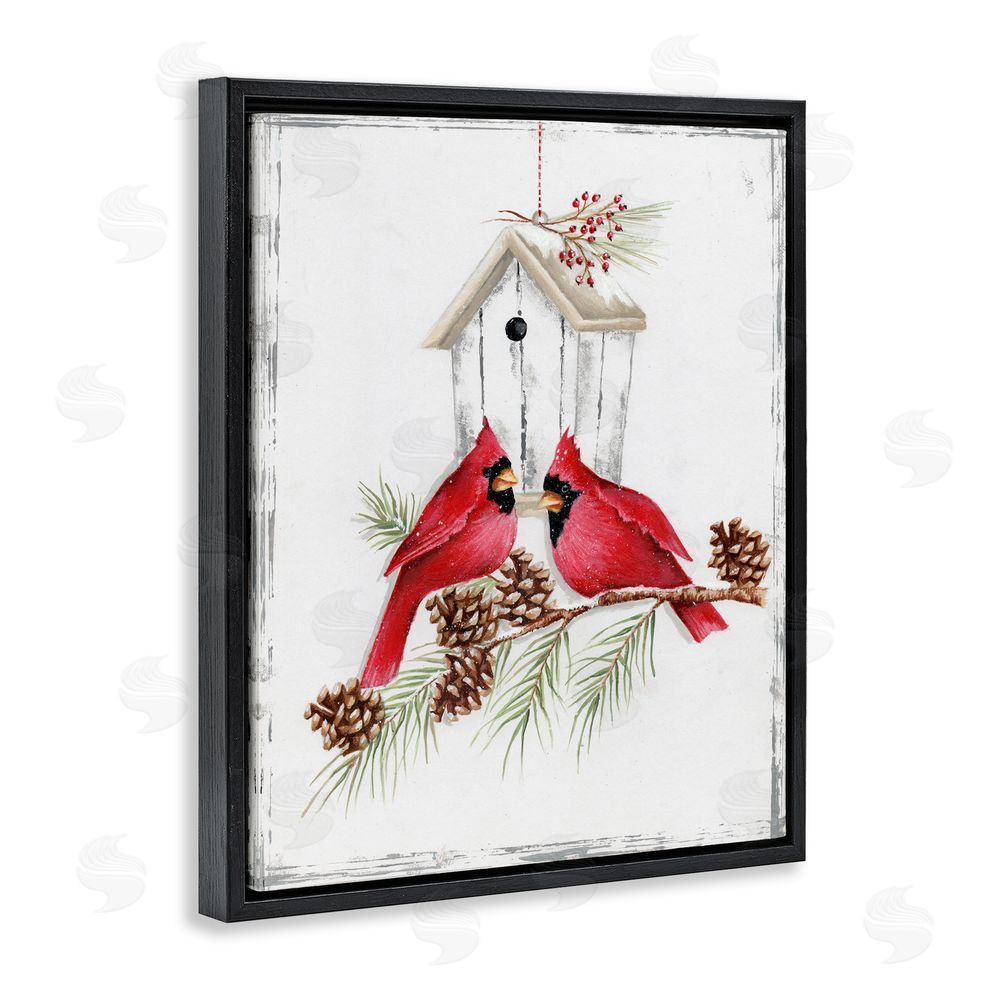 Emma Leach Cardinals & Snowy Birdhouse Black Floating Frame Canvas Wall Art Print