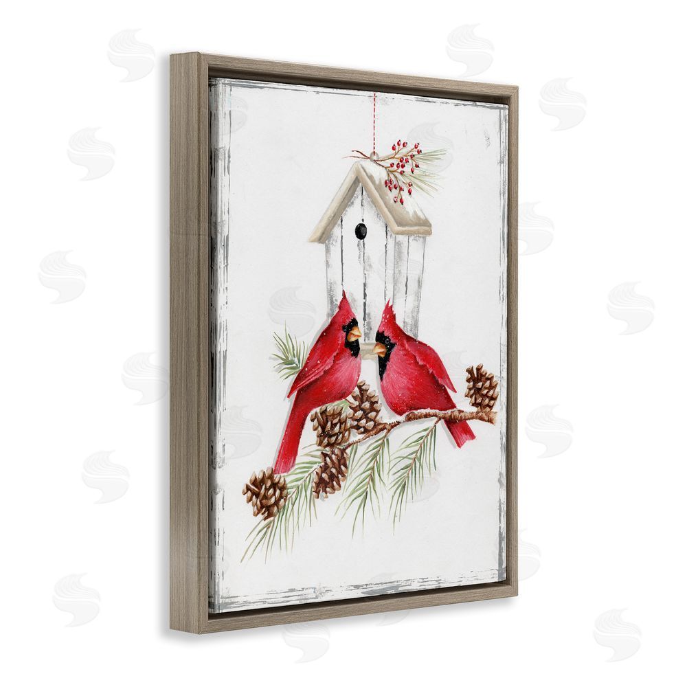 Emma Leach Cardinals & Snowy Birdhouse Brown Floating Frame Canvas Wall Art Print