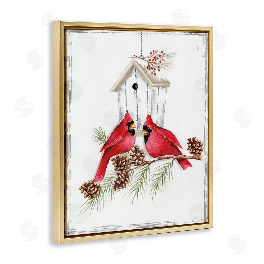 Emma Leach Cardinals & Snowy Birdhouse Gold Floating Frame Canvas Wall Art Print