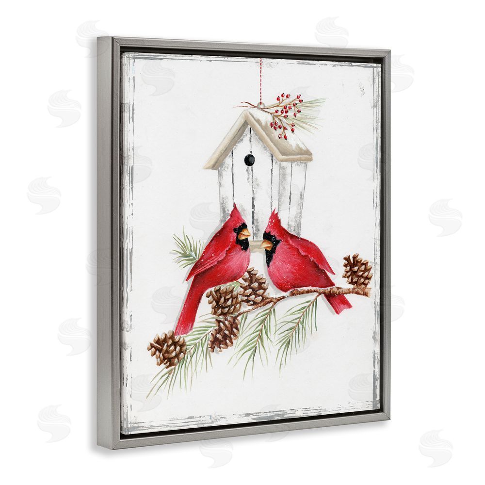 Emma Leach Cardinals & Snowy Birdhouse Grey Floating Frame Canvas Wall Art Print