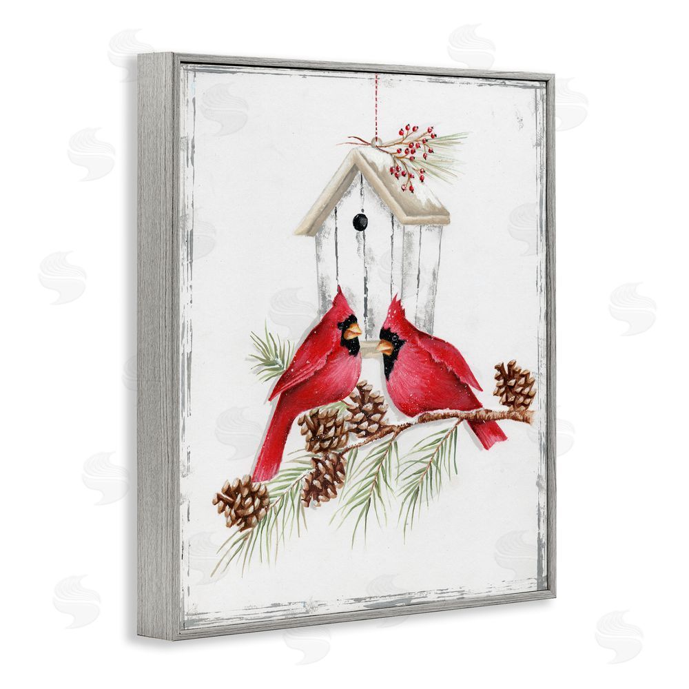 Emma Leach Cardinals & Snowy Birdhouse Gray Framed Giclee Wall Art Print