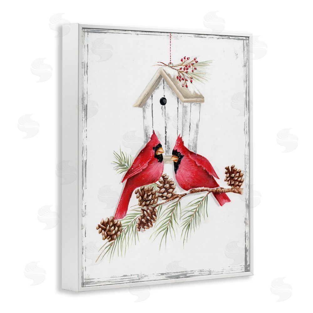 Emma Leach Cardinals & Snowy Birdhouse White Framed Giclee Wall Art Print