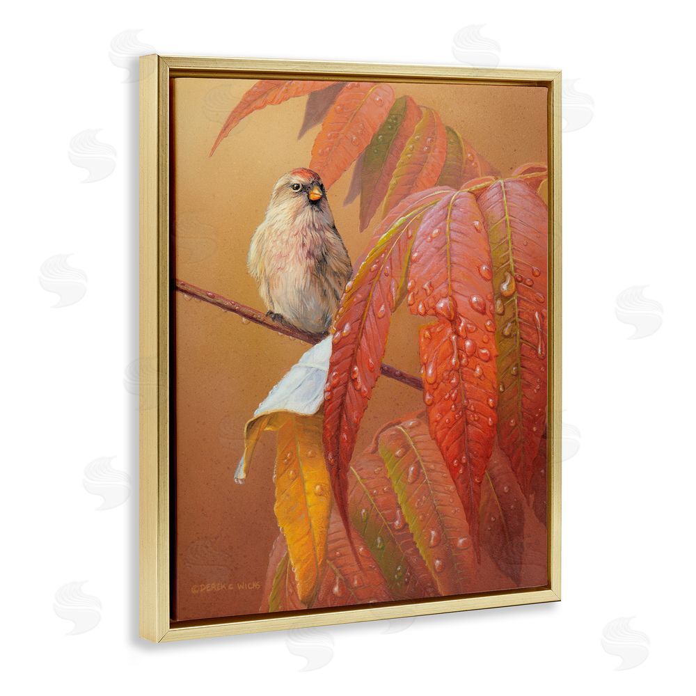 Derek Wicks Bird on Autumnal Branch Gold Floating Frame Canvas Wall Art Print