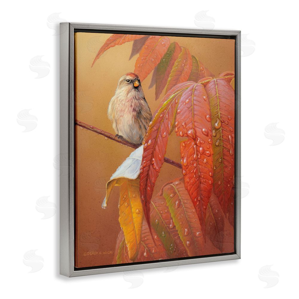 Derek Wicks Bird on Autumnal Branch Grey Floating Frame Canvas Wall Art Print