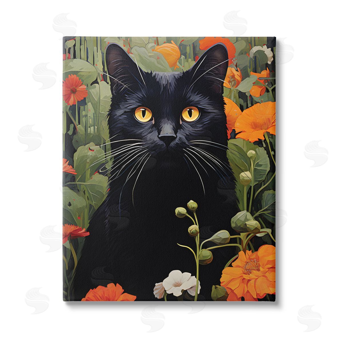 Gary Shergill Designs Black Cat Garden Flowers Stretched Canvas Wall Art Print